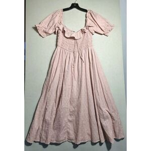 Women's Blush Pink Swiss Dot Puff Sleeve Smocked Midi Dress Cottagecore Romantic